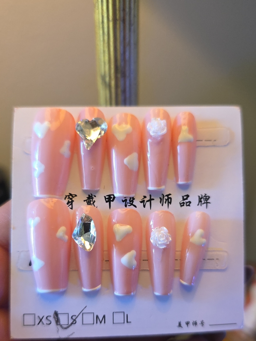 Peach Pink Heart Accent Press-On Nail Set with Gem and Rose Accents Size Small